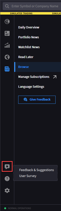 The Feedback & Suggestions menu